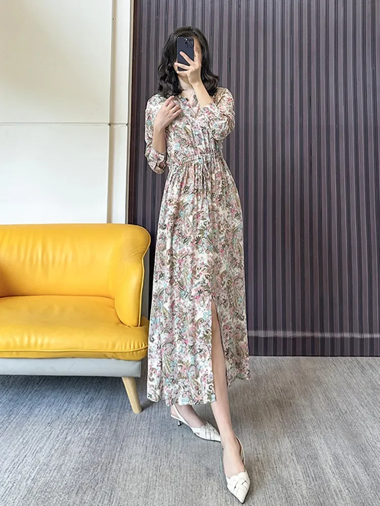 

Spring Women Retro Dress Paisley Floral Slit Waist Drawstring Turn-down Collar Long-sleeved Midi Robe