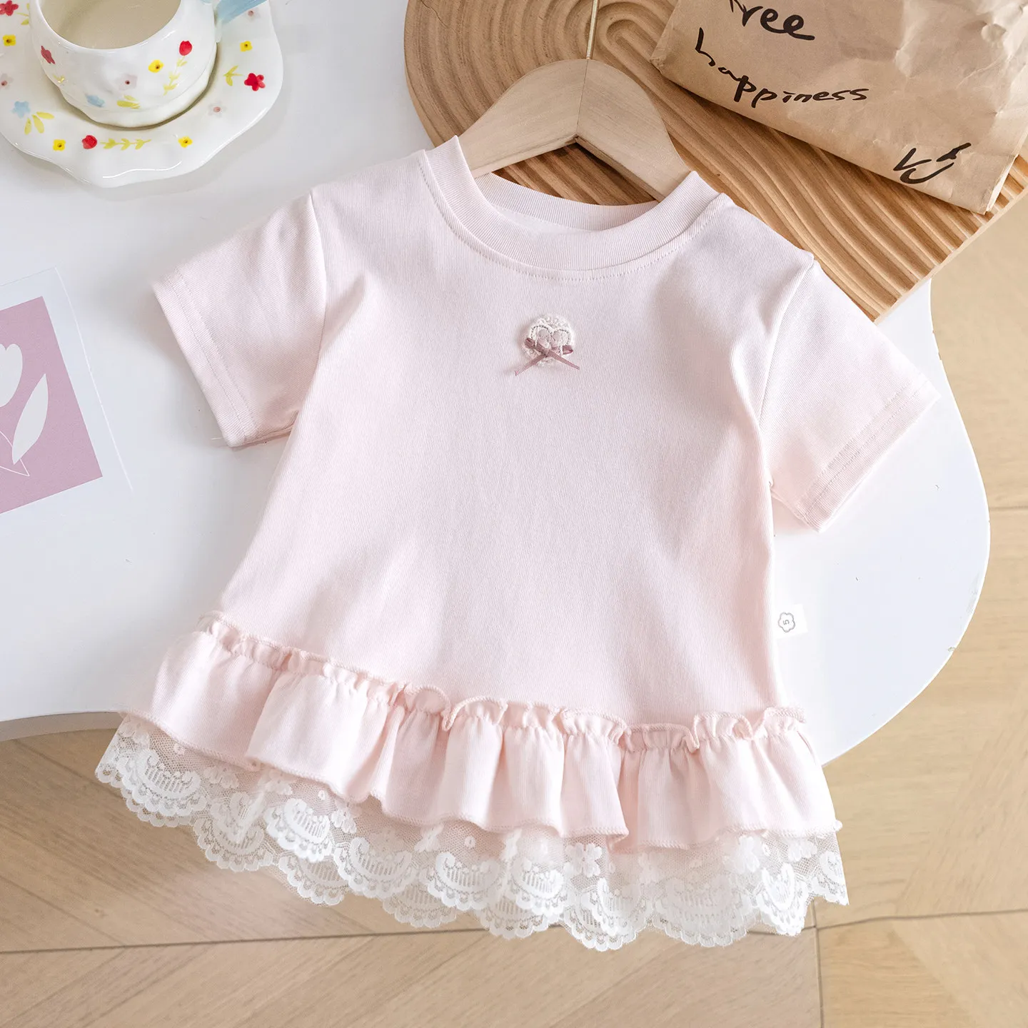 Girls T-shirt 2026 Summer New Style with Ruffled Hem Baby Cotton Breathable Top Baby Versatile Princess Thin Summer Clothes - 6