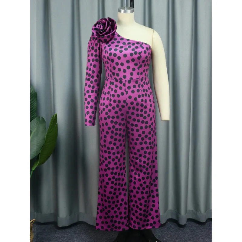 2024 New Shoulder Polka Dot Printed Jumpsuit Women Elegant One Piece African Female High Waist Wide Leg Rompers New Plus Size