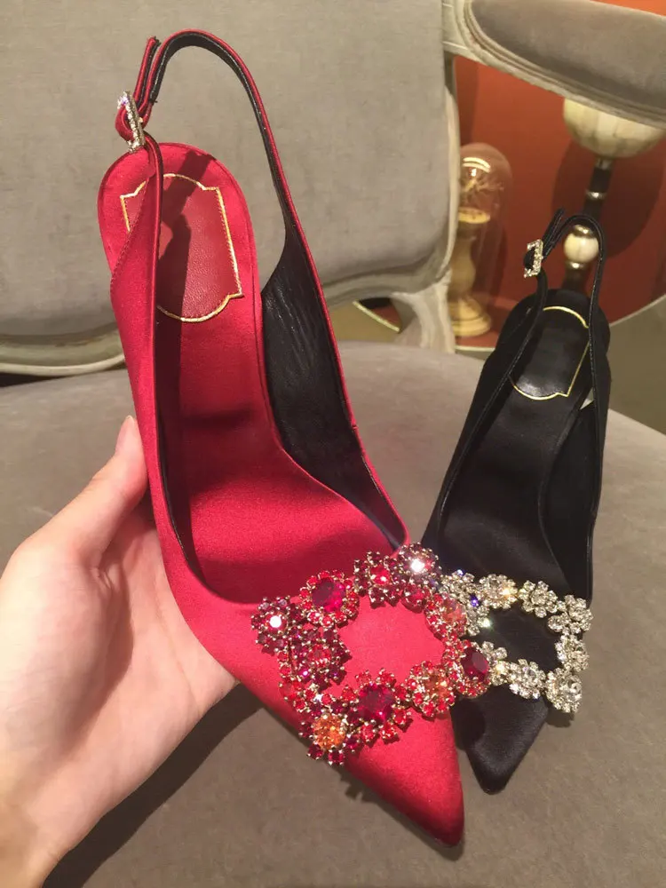 

European and American ladies pointed high heels red silk satin fine heel rhinestone square wedding shoes