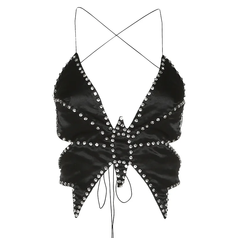 

Diamond Big Butterfly Vest for Women Summer Slim Top Ins Korean Fashion Lattice Tank Top Women Y2K Butterfly Backless Strap Top