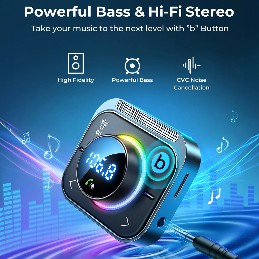 

Bluetooth 5.3 FM/AUX Bluetooth Car Adapter Air Vent Installation & Bass Boost 3 Ports PD&QC 3.0 FM Bluetooth Car Transmitter