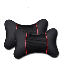 2-Piece Black PU Leather Car Seat Neck Support Cushion Set (Black red)