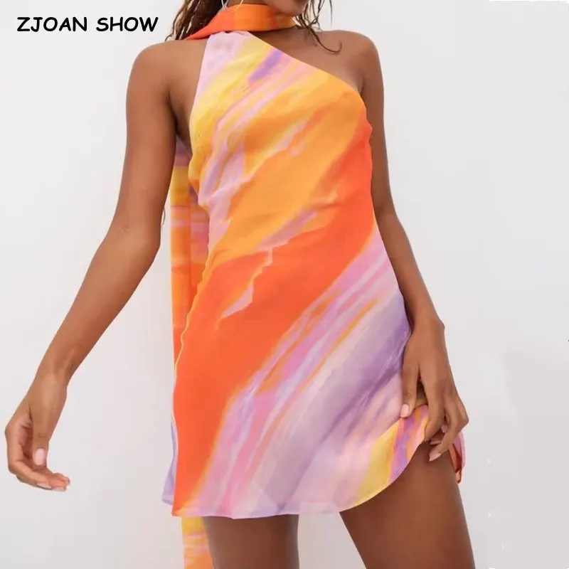 

Sexy Halter Collar Orange Gradient Tie dye print Cross lacing up Bow Backless Sling Dress Women Irregular Mini Robe Vestido