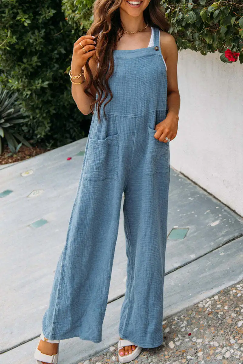 

Spring and Summer Women's Fashion New Solid Pocket Square Neck Sleeveless Loose Casual Strap Jumpsuit S-3XL