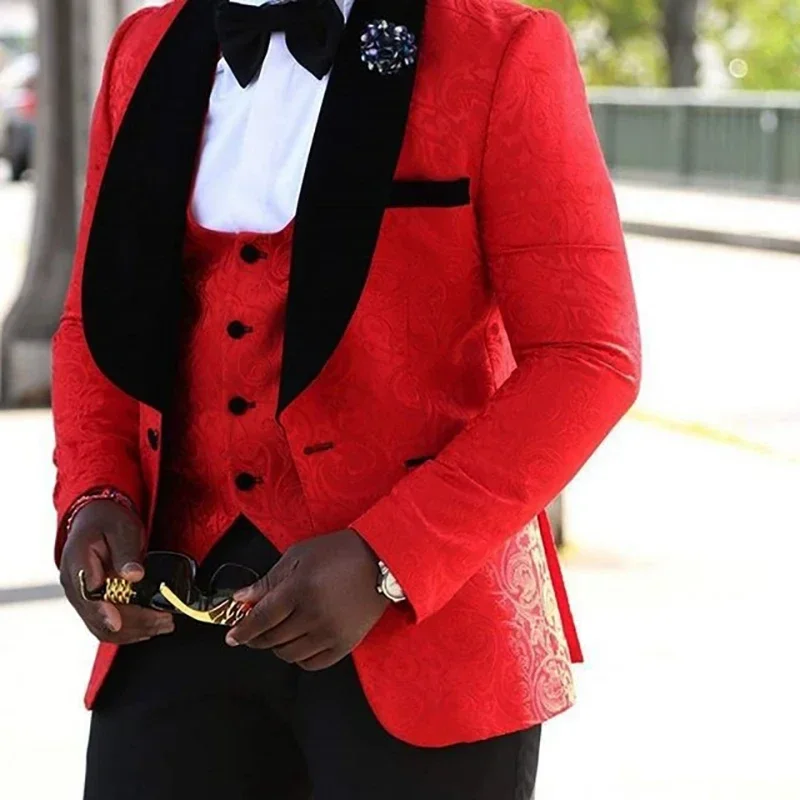 

Red Jacquard Formal Wedding Elegant Suits For Men Groom Tuxedo Prom Shawl Lapel Slim Fit Blazers High Quality Custom 3 Piece Set