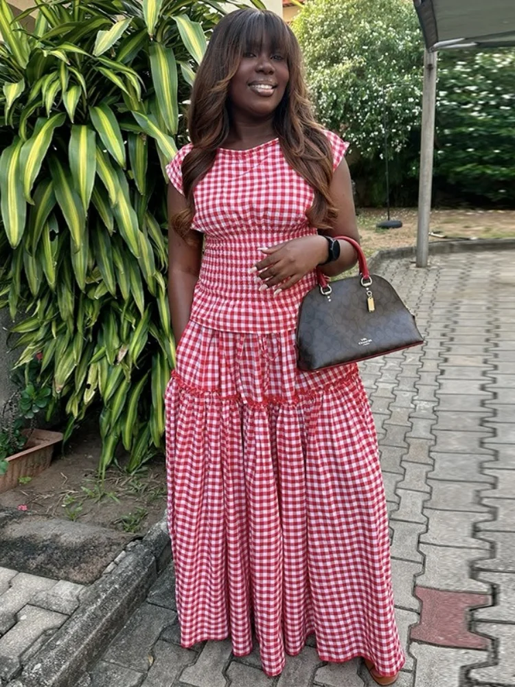 Wmstar Dress Women Wholesale Cross Border Clothing 2025 Summer New Fashion Checked Waist Cinching Body Hugging Top Skirt Set