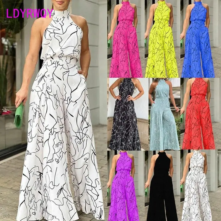 2022 Summer European and American women's waist belt sleeveless neck printed jumpsuit