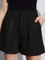 Black Women's Oversized Woven Solid Color Casual Shorts Comfortable Loose Fit High Waist Knee-Length Summer Fashion Black - Image 5