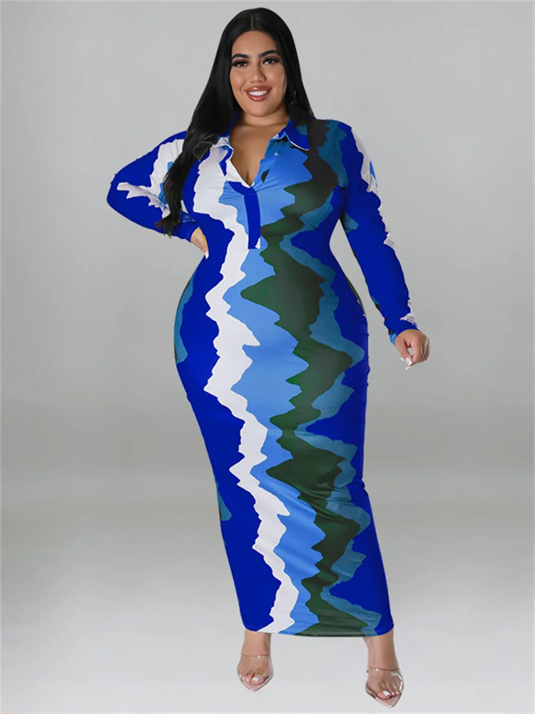 Wmstar Plus Size Dresses Women Clothes Tie Dye Long Sleeve V Neck Casual Fashion Shirts Maxi Dress New Wholesale Dropshipping