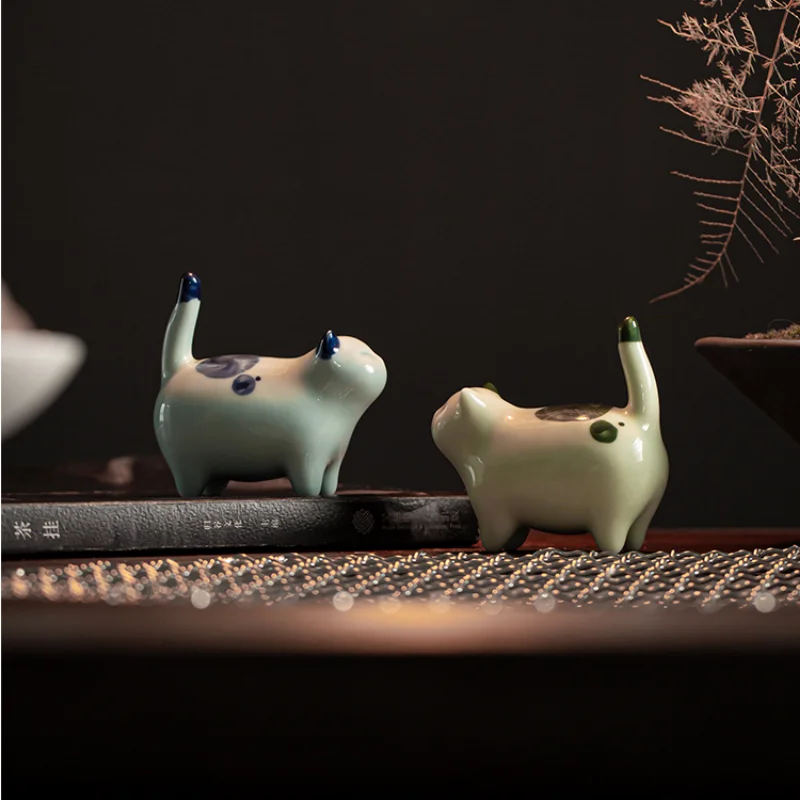 Small Ceramic Cat Handmade Tea Pet Decoration Toy Kung Fu Tea Set Ceremony Ornament Figure Kitty Pet