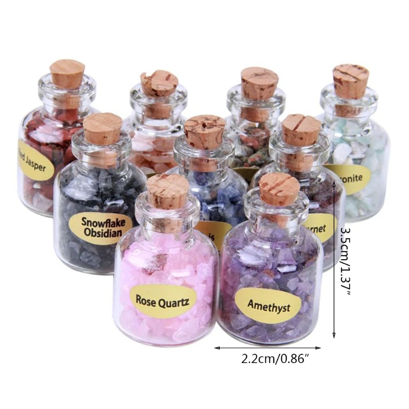 9 Bottles Mini Gemstone Bottles Chip Crystal Healing Tumbled Gem Reiki Wicca Stones Set Semiprecious Gem Stones Decor glass bottles,mini glass bottles