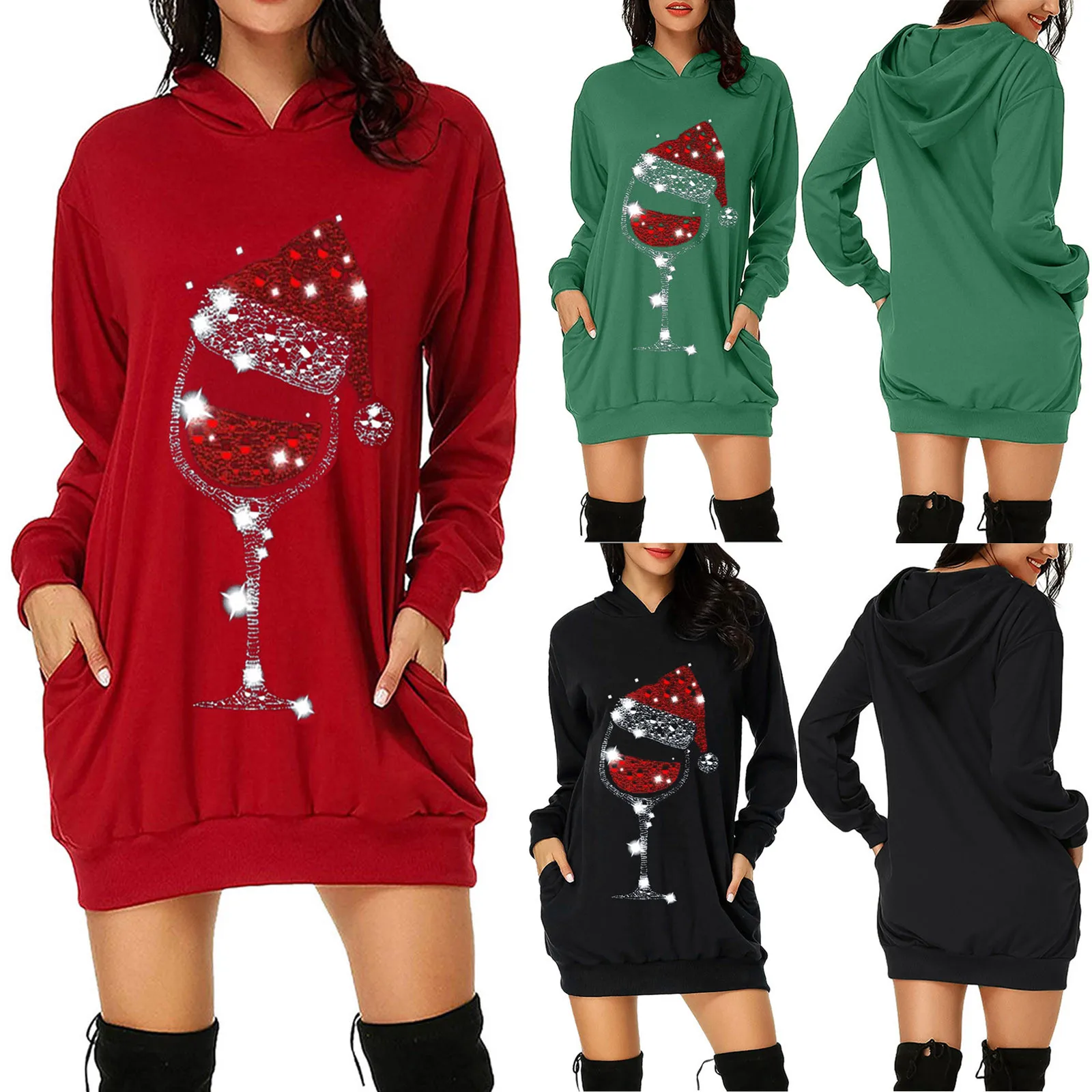 

Fashion Sequin Red Wine Glass Christmast Dress Package Hip Pocket Hoodie Dresses Women'S Print Loose Party Dress Gifts Vestidos