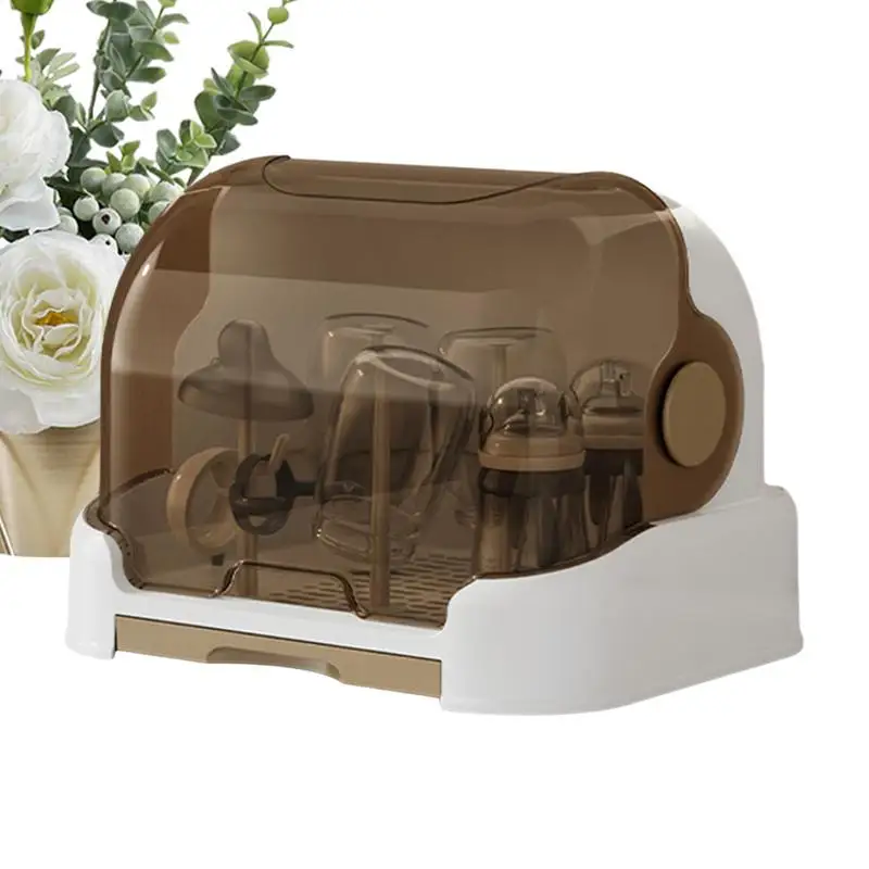 Baby Bottle Drying Rack with Toddler Bottle Storage Box Dustproof with Removable Drip Tray Countertop Rack