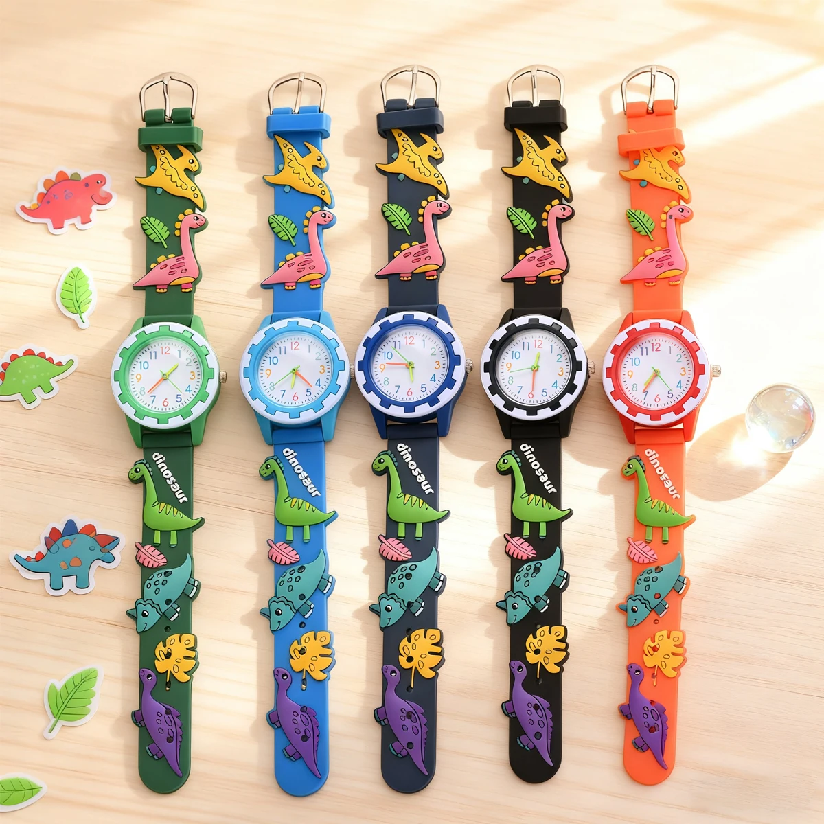 Montre à quartz pour enfants, bracelet en silicone, dessin animé dinosaure mignon, échelle de couleur, adaptée à un usage quotidien, cadeaux de noël