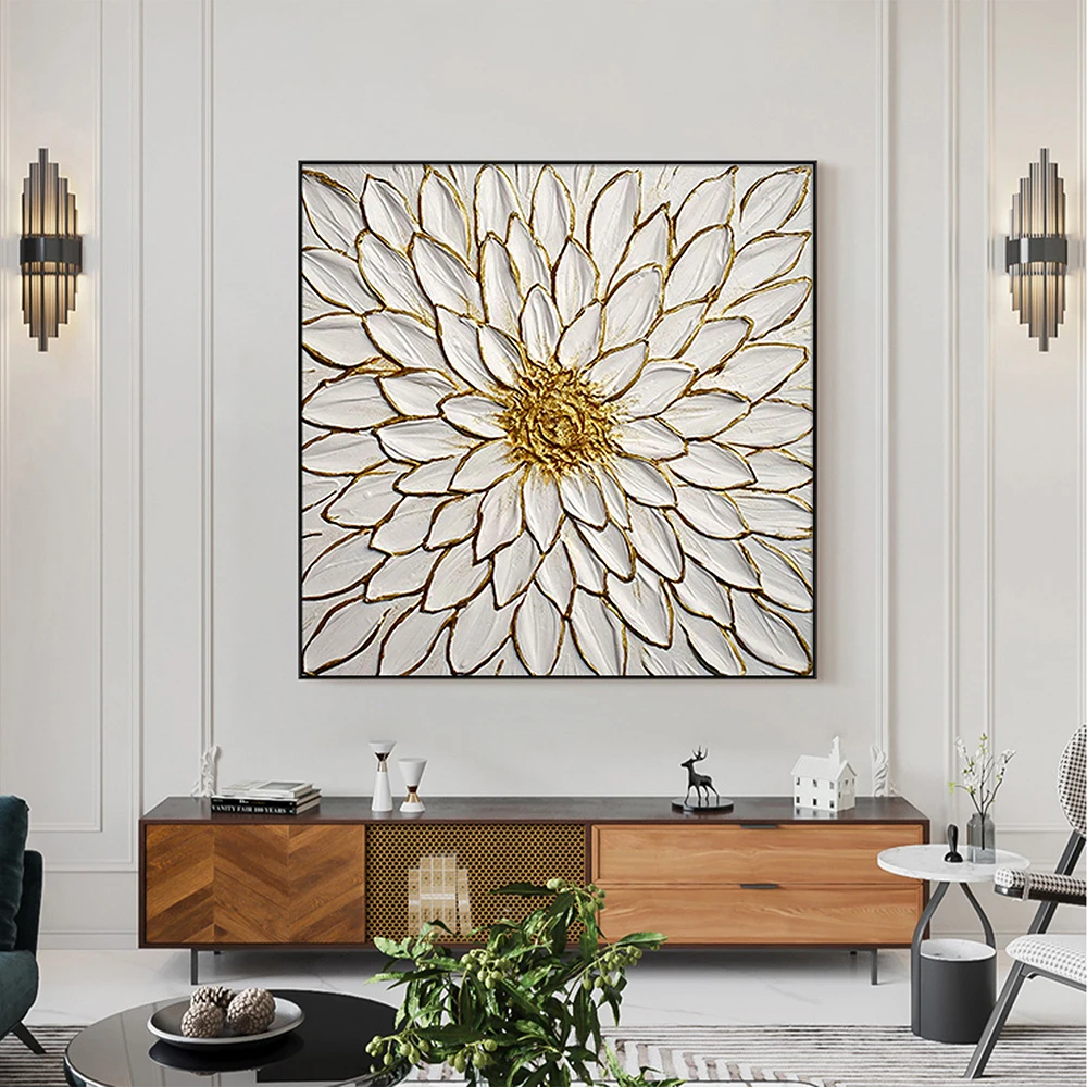 

Handmade Oil Painting Original Blooming Flower Oil Painting Canvas Abstract Gold Art Gold Foil Painting Living Room Wall Decor
