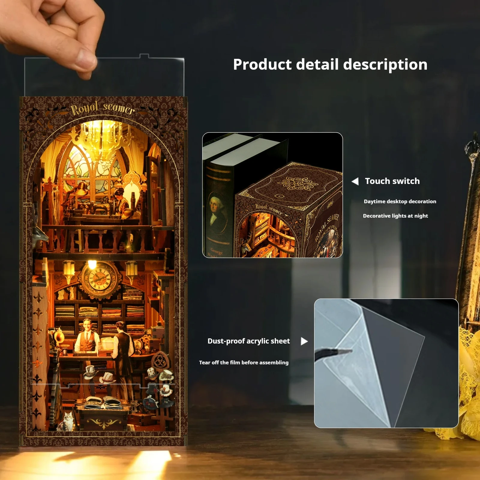 Wooden Diy Book Nook Shelf Miniature Insert Royal Sewing Machine Store Kits Model With Light Bookshelf Bookend New Year Gifts