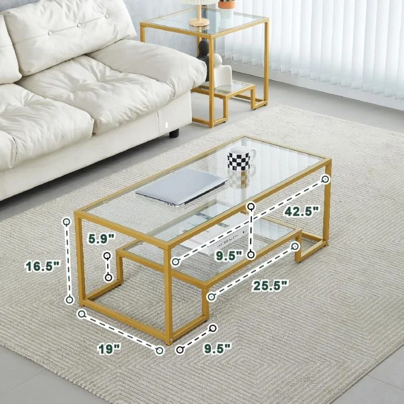 Golden Metal Glass Coffee Table - Two-Tiered with Tempered Glass, Stylish Metal Frame Coffee Table for Bedroom, Dining Room 2