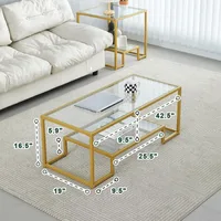 Golden Metal Glass Coffee Table - Two-Tiered with Tempered Glass, Stylish Metal Frame Coffee Table for Bedroom, Dining Room 2