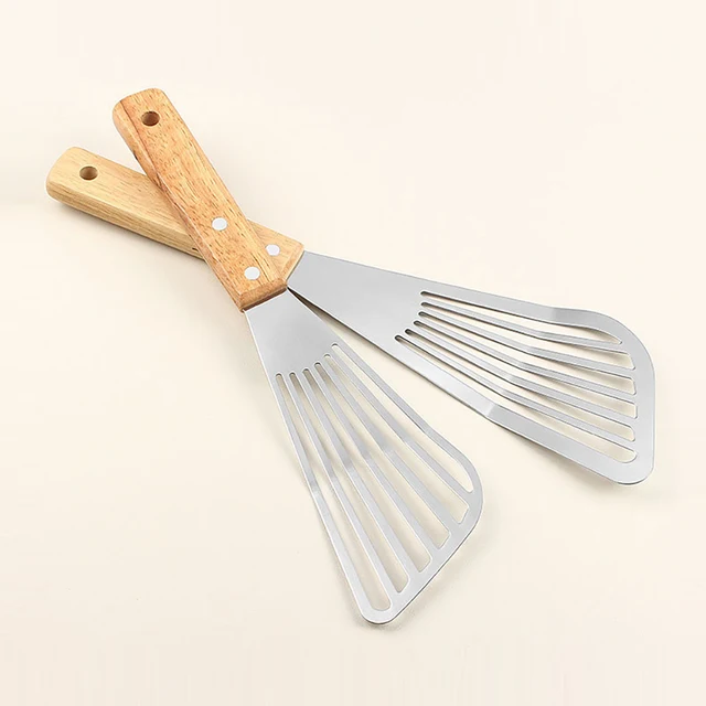 1PC Stainless Steel Fish Frying Shovel with Wooden Handle Fan-shaped Shovel Household High-temperature Frying Shovel 2
