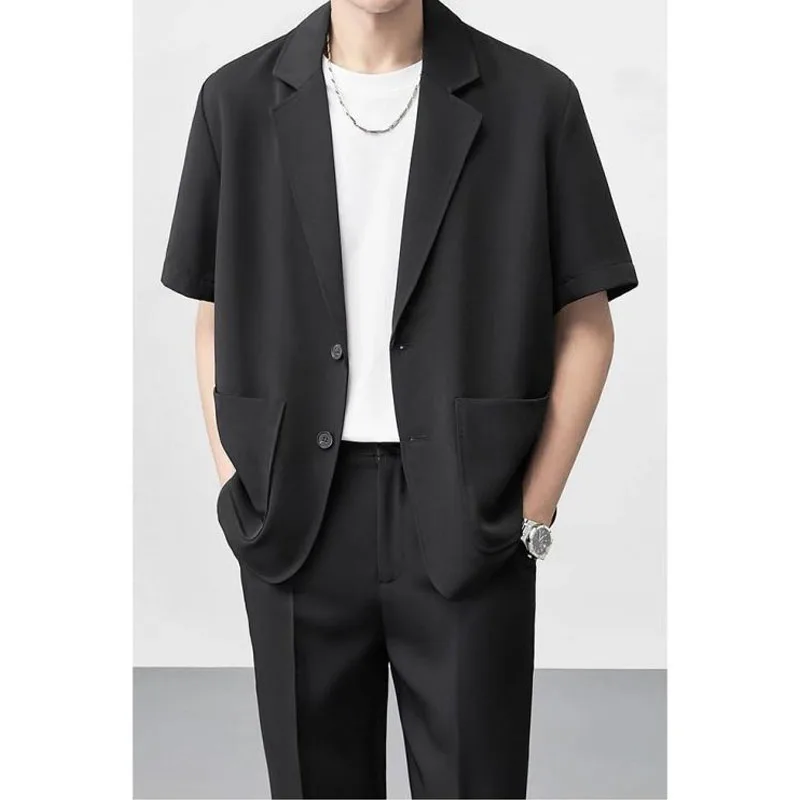 Business Casual Summer New Men's Solid Color Short Sleeve Notched Button Patchwork Pockets Classic Loose Blazer Pants Sets