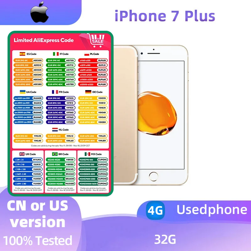Apple iPhone 7 Plus 3GB RAM 32/128GB/256GB ROM iOS 4G LTE Original Mobile Cell Cellphone Fingerprint 12MP used phone