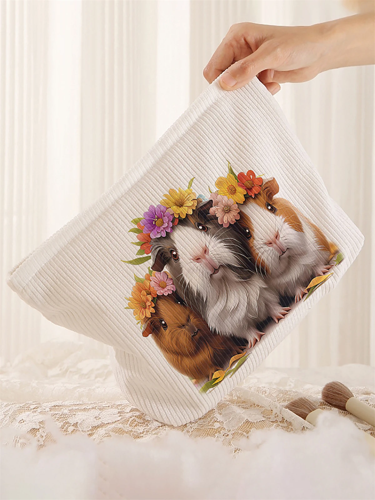 1 hamster patterned corduroy makeup bag, lightweight zipper makeup storage box, multifunctional bag with lining