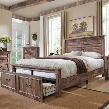 Farmhouse Queen Size Bed Frame, with 51" Tall Headboard, Wood Bed Frame with 20" Tall Footboard & 2 Large Storage Drawers