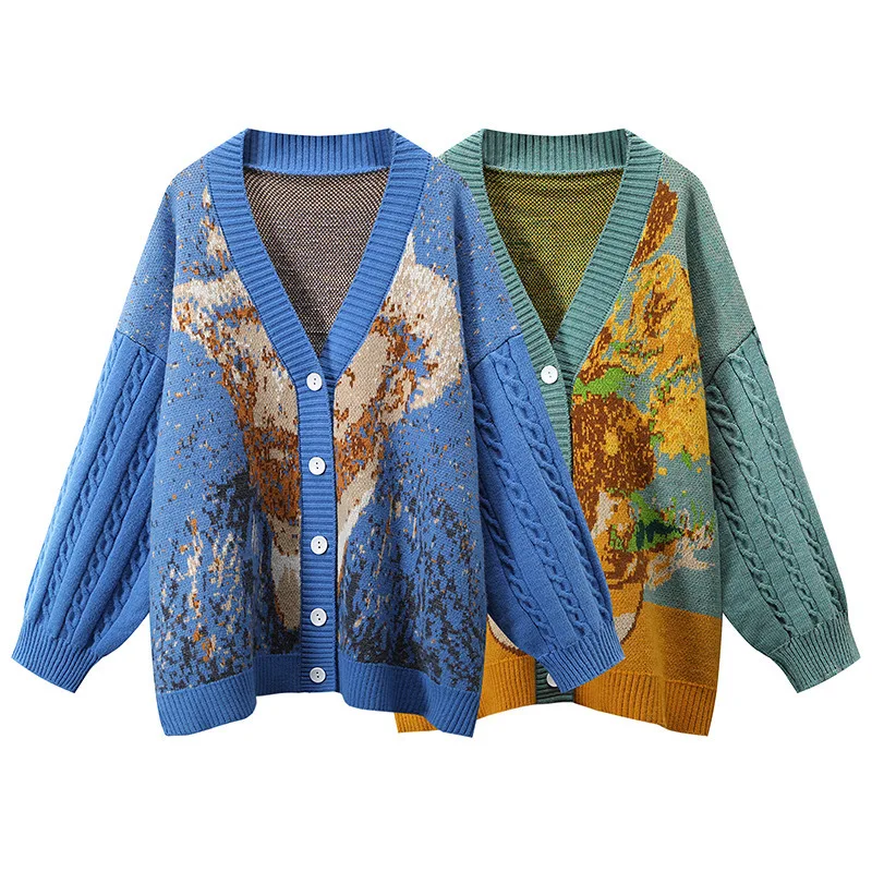 

Sandro Rivers Women's Vintage Knit Cardigan with Van Gogh's 'Artistic Brilliance and Paranoia' Print Cozy and Casual for Fall