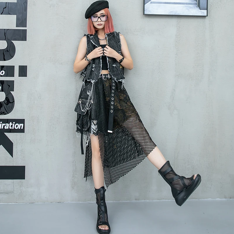 

Denim Splice Mesh Wide-leg Shorts Sets Women Summer Personality Asymmetrical Mesh Short Pants V-neck Sleeveless Vest