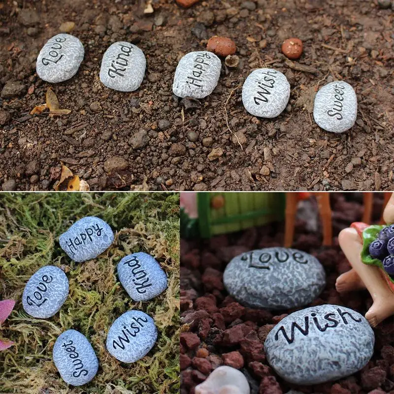 5PCS Bonsai Decorative Rocks Faux Resin Decorative Planter Stones Waterproof Succulent Pebbles Warm Letter Design Garden Decor