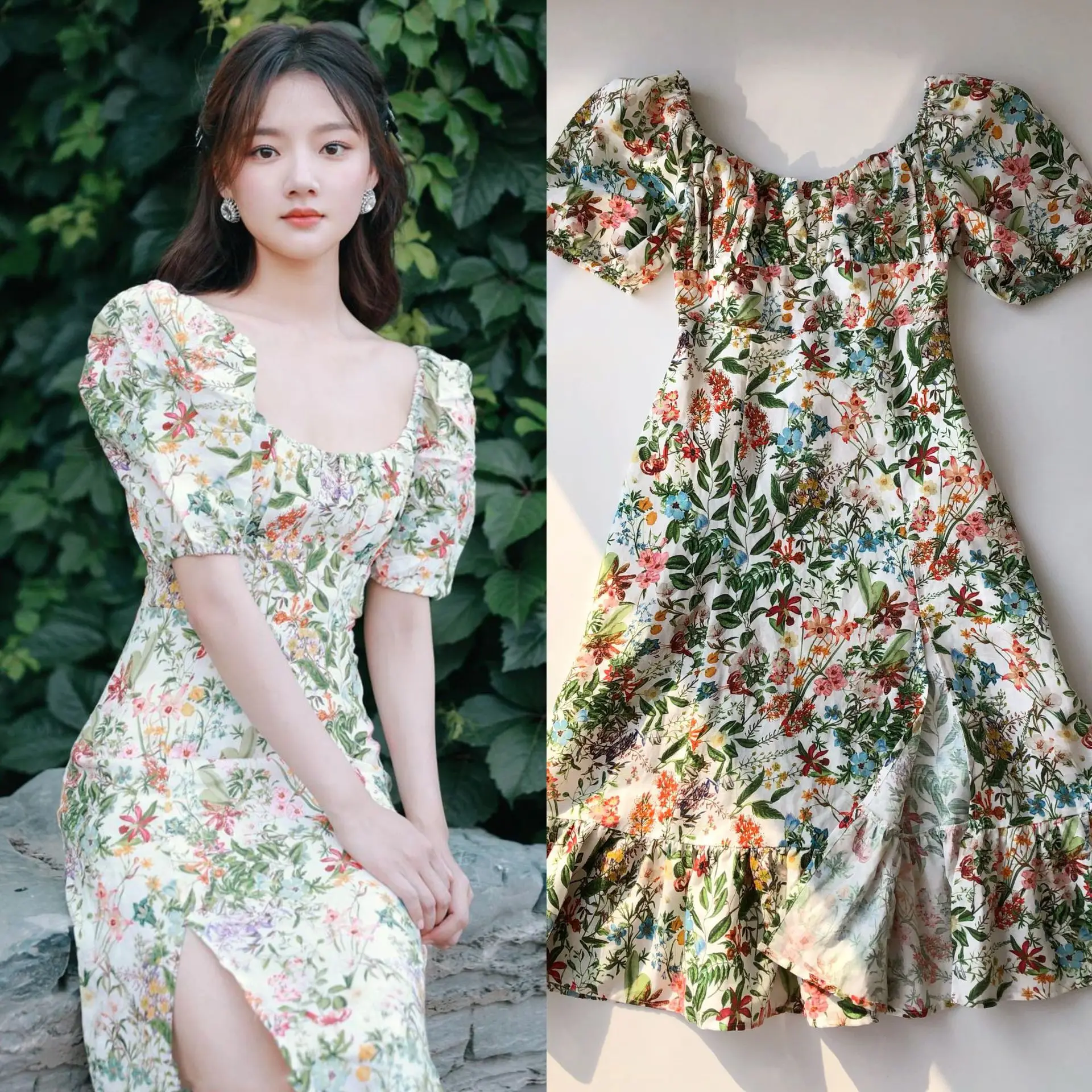2024 French Romantic Colorful Floral Print Women's Dress Bubble Sleeve