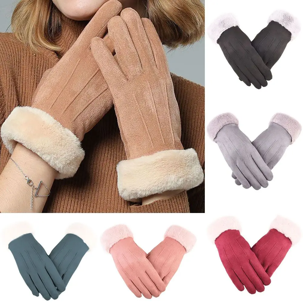 

Female Gloves Autumn Winter Outdoor Sport Thick Plush Women Gloves Full Finger Mittens Furry Warm Mitts