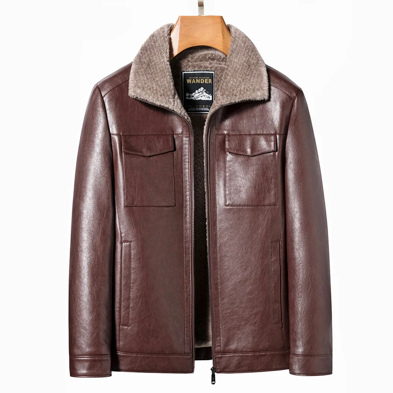 

Winter Real Fur Integrated Oil Wax Leather Jacket For Men With Thickened Plush Genuine Leather Jackets Man Retro Casual Brown