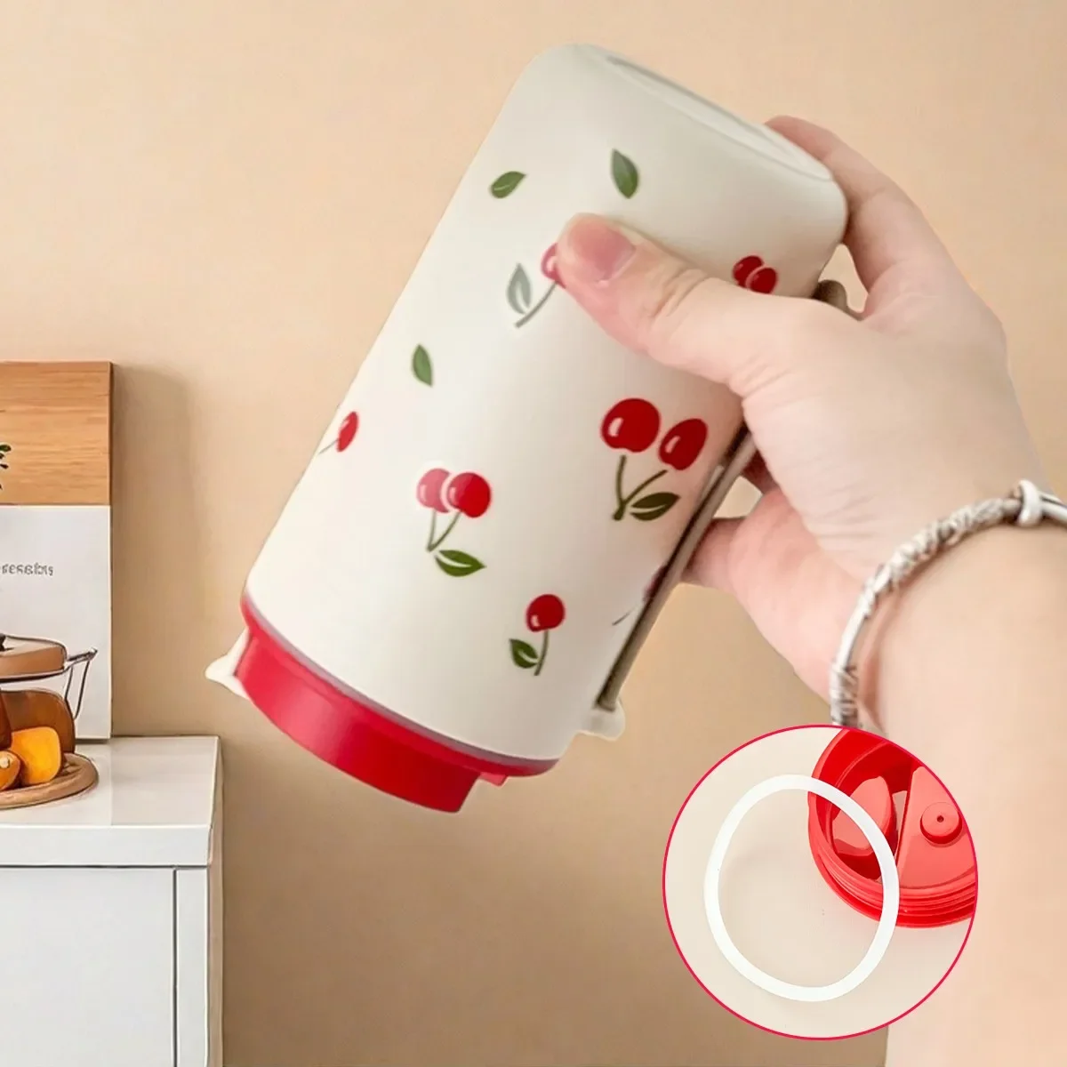 Cherry Pattern Reusable Water Bottle with Rope Handle - 350/400ml Capacity
