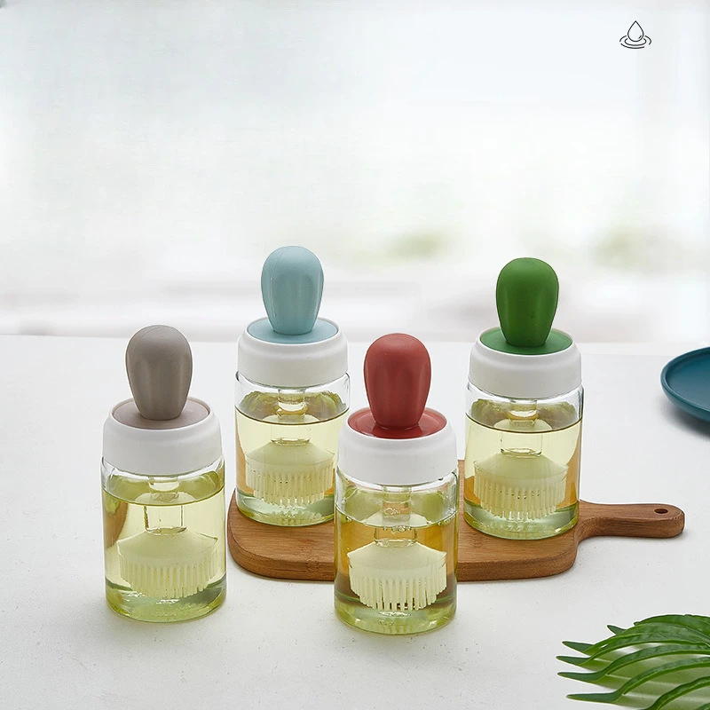 Nordic Glass Brush Oil Bottle, Seasoning Pot, Soy Sauce Bottle, Vinegar Pot, Household Kitchen Supplies, Silicone Oil Brush, 1Pc
