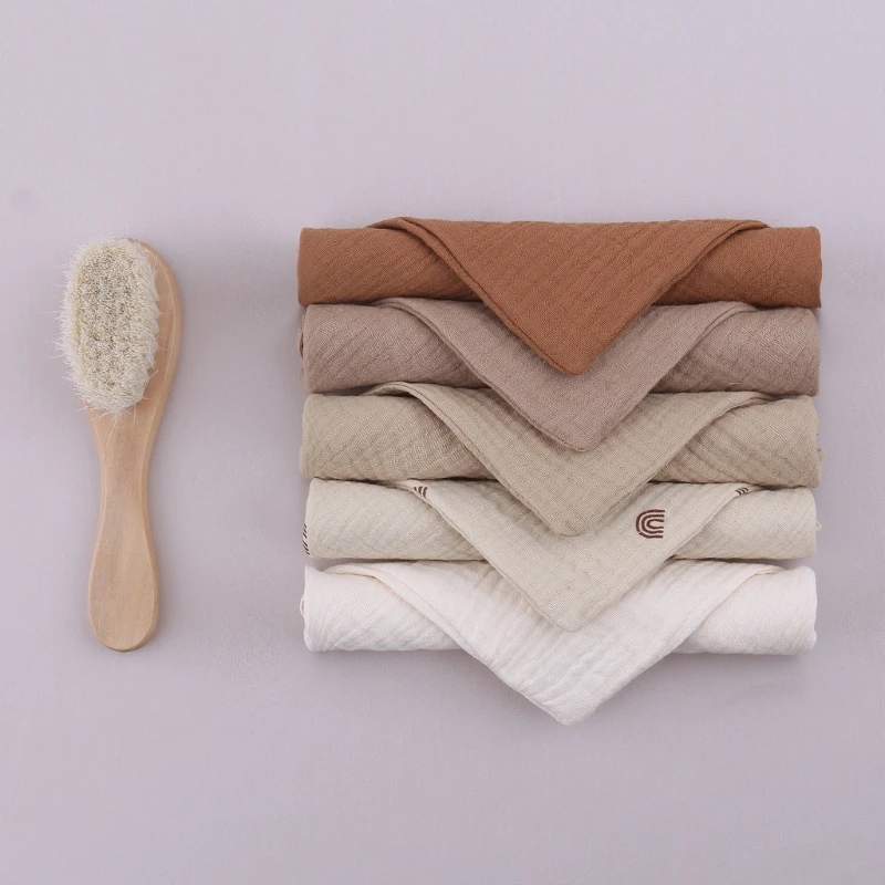 

5 Pcs Baby Cotton Square Towel with Newborn Hair Brush Infant Hand Face Washcloth Handkerchief Muslin Cloth Feeding Bib