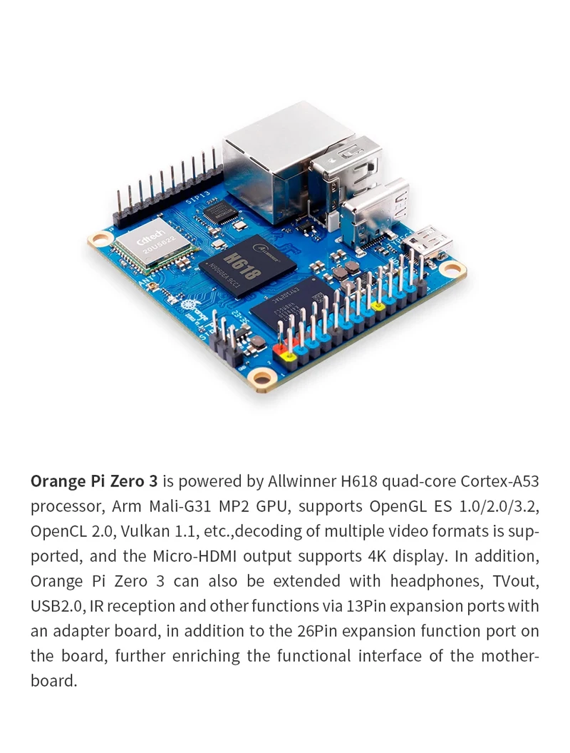 Orange Pi Zero 3 4GB RAM Allwinner H618 WiFi5 + BT 5.0 LPDDR4 16MB SPI Flash Opt