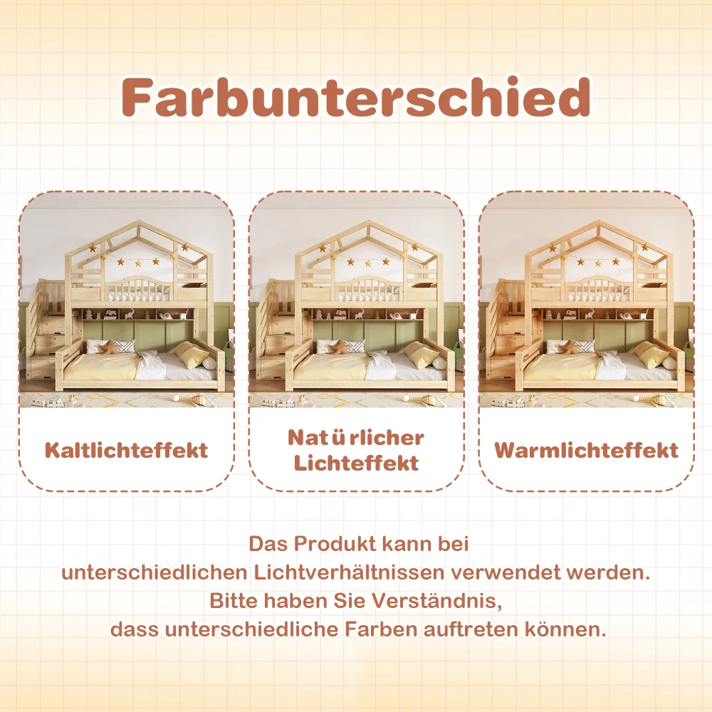 90x200/140x200cm Etagenbett Kinderhausbett Naturholz mit Treppenlagerregalen, für Kinder, Jugendliche, ohne Matratze – Detail 4
