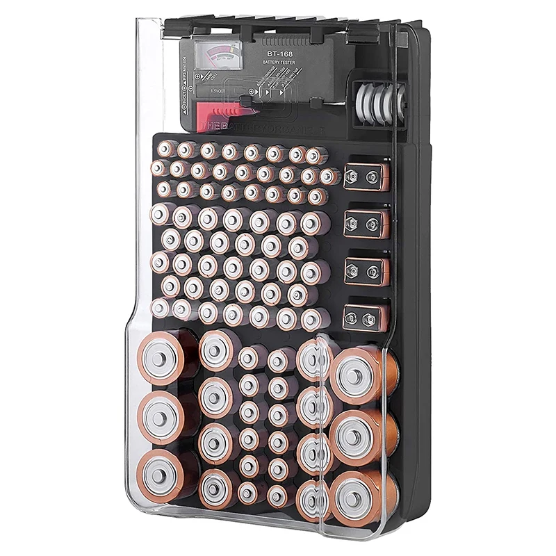 Battery Organizer Case with Clear Hinged Cover and Built-In Tester - Holds 93 Assorted Batteries