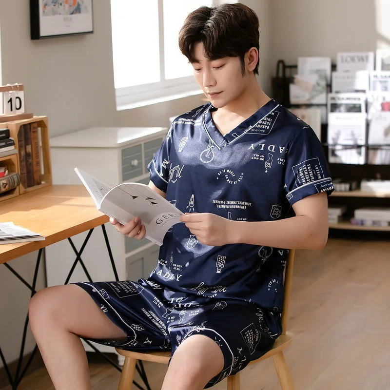 Pajamas Men Ice Silk Short-Sleeved Student Homewear Two-Piece Set of Easy-to-Clean Short-Sleeved Shorts Nightwear Loungewear pajamas set silk pajamas man pajamas set