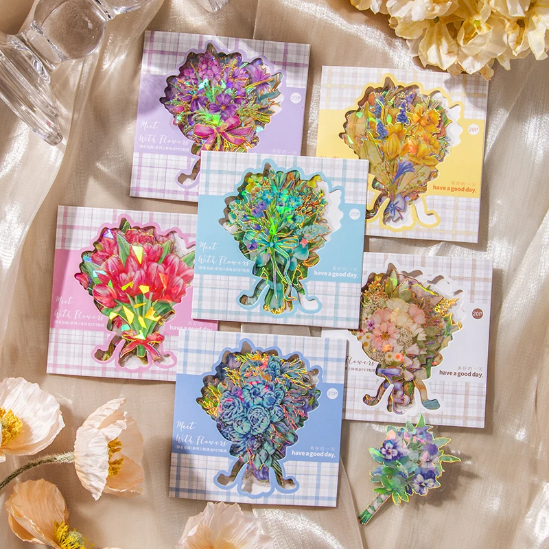 20 pcs Hand bouquet Flowers Stickers aesthetic Stick Labels Decorative collage Scrapbooking junk journal supplies