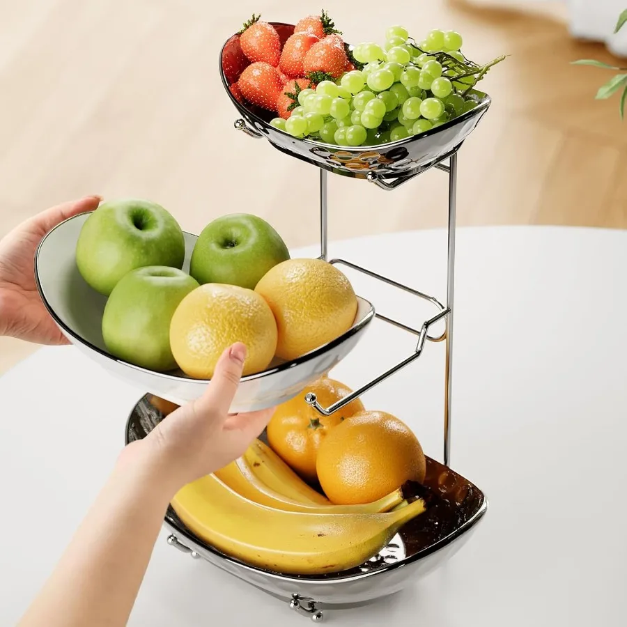 Fruit Bowl 3 Tier Ceramic Fruit Basket Serving Stand Serving Bowl with Metal Rack Porcelain Kitchen Bowls for Fruit and Vegetab