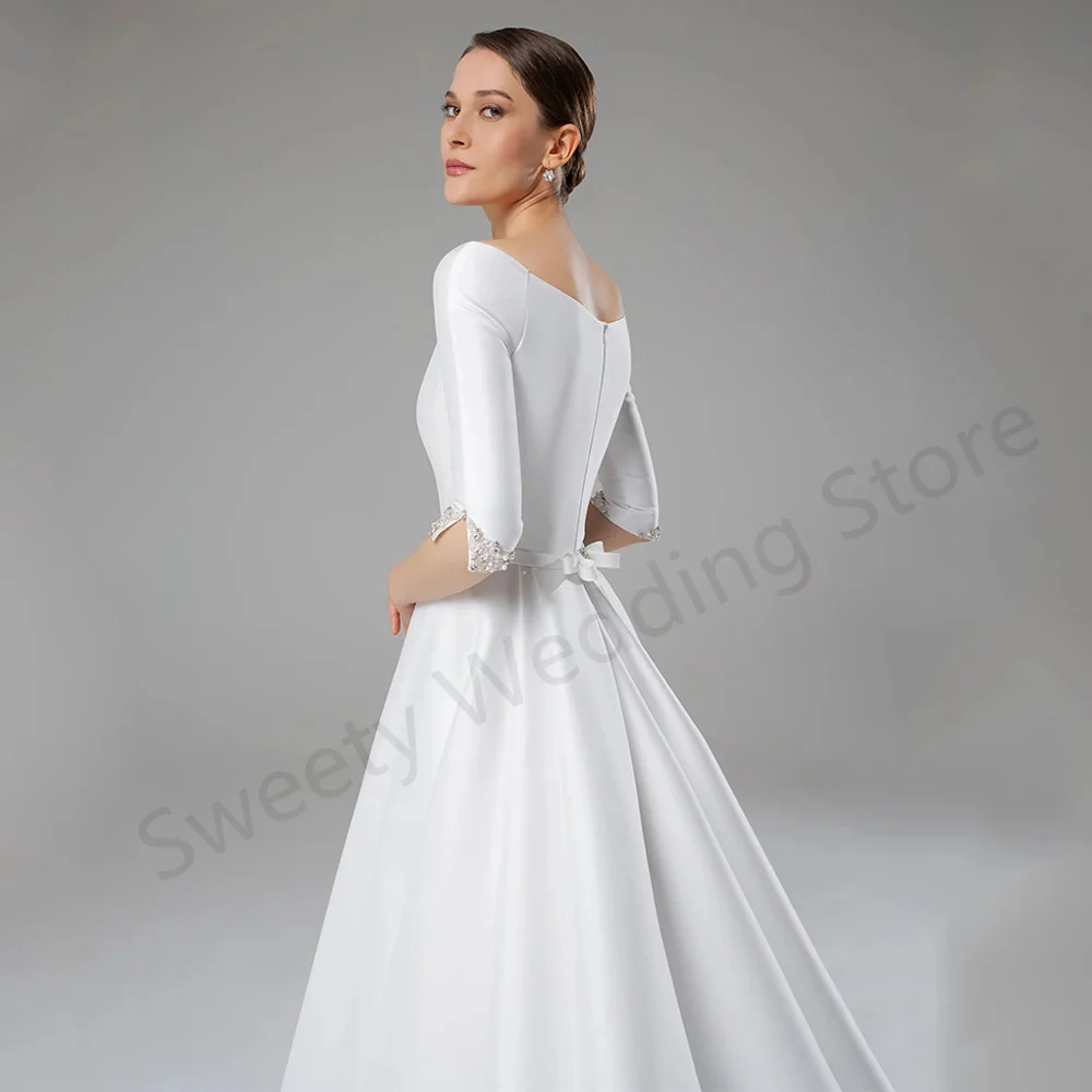 Modern Satin Wedding Dress Vestido De Noiva Customized Scoop Neck Half Sleeves Beading Stones A Line Bridal Gown for Women Bride 3