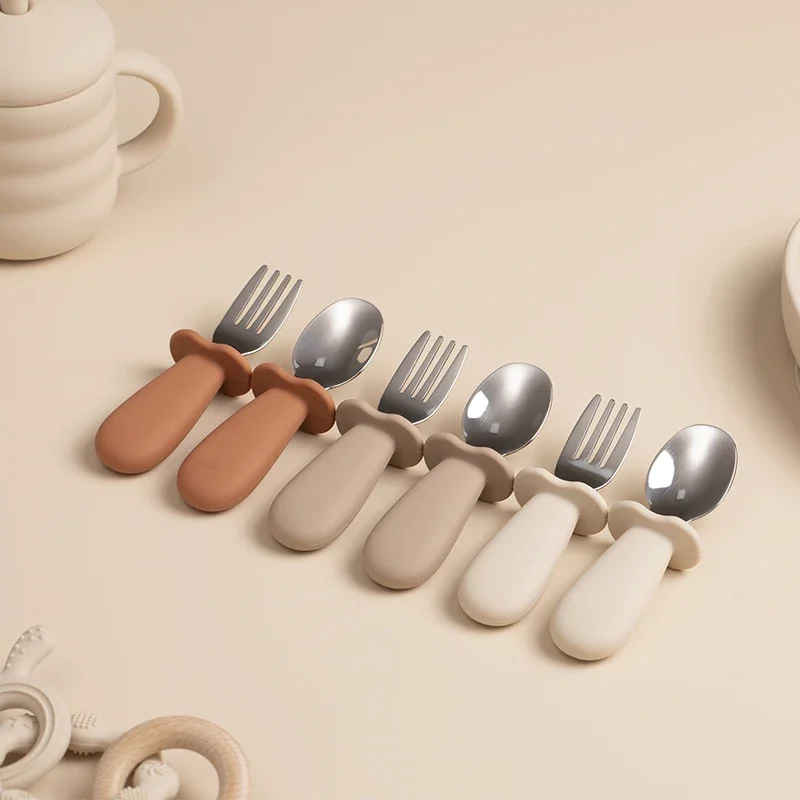 2pcs/Set Baby Tableware Children Utensil Stainless Steel Food Feeding Spoon Fork Set Infant Toddler Silicone Dinnerware Cutlery 3