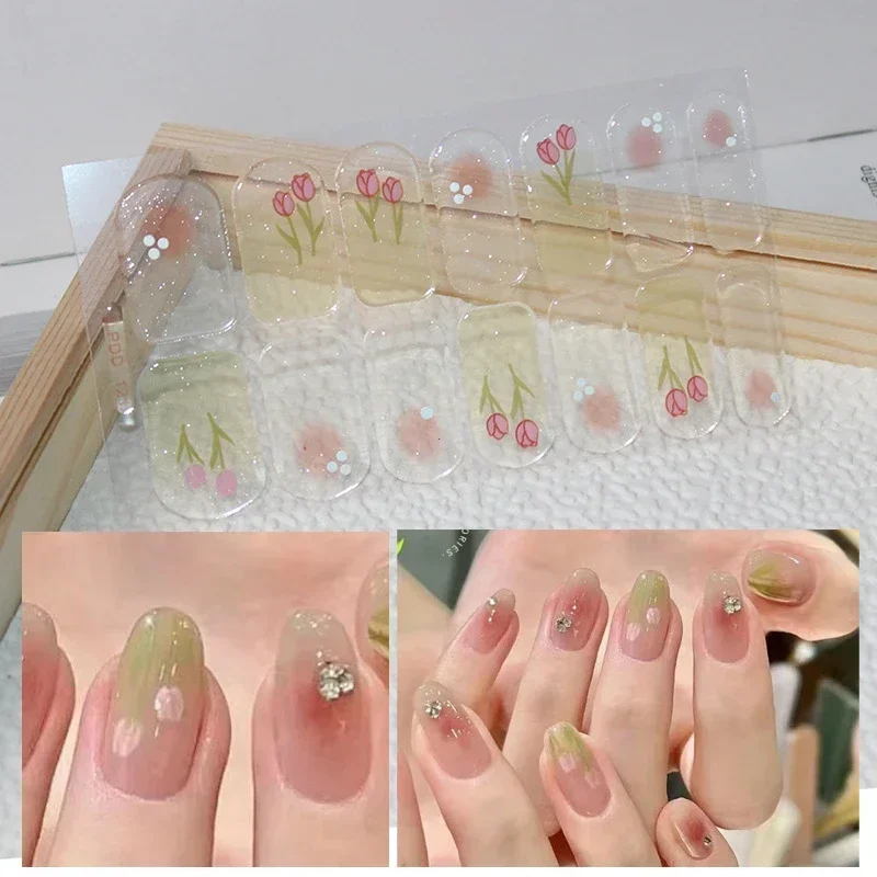 DIY 반 경화 젤 네일 스티커 봄 네일 스트립 패치 슬라이더 풀 커버 데칼의 오래 지속되는 솔리드 컬러 신선한 꽃