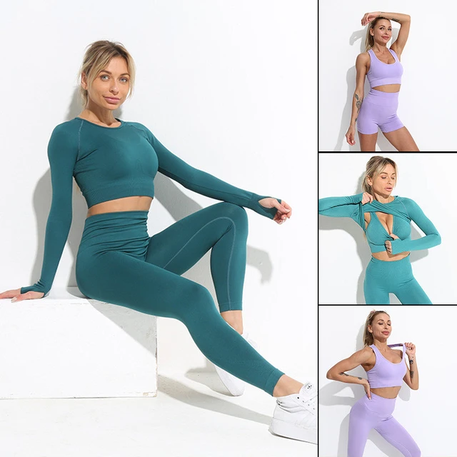 2pcs Seamless Yoga Set Workout Sport Outfits For Women Gym Long Sleeve Crop  Top High Waist Leggings Sportswear Athletic Clothes - Yoga Sets - AliExpress