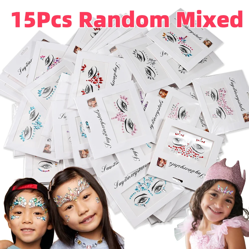 15Pcs Random Mixed Children Face Gems Tattoos Glitter Crystal Rhinestones Self-Adhesive Face Decal For Party Makeup Body Tattoos