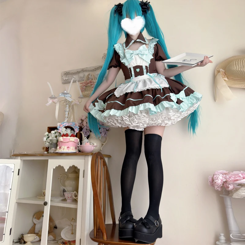 Anime Japanese Gothic Lolita Sweet Apron Bow Maid Dress Set Women Girls Puff Sleeve Cute Dress Halloween Party Cosplay Costumes