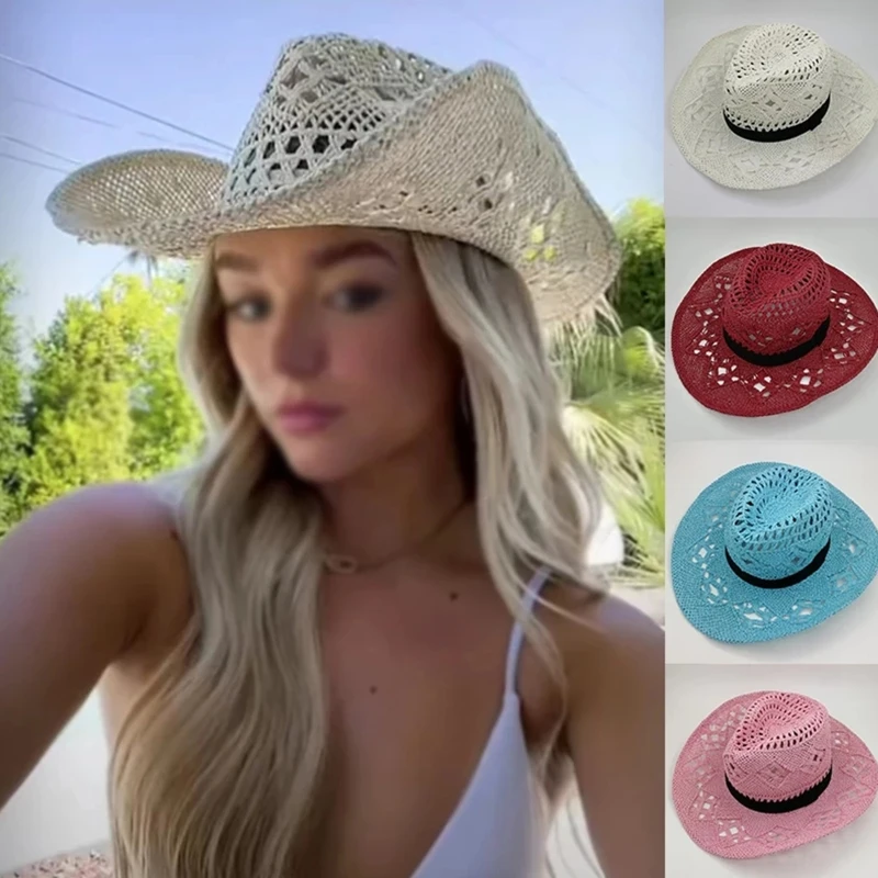 Western Crochet Cowboy Straw Hat Women Men Casual Handmade  Hollow out Cowgirl Hat Solid Color Outdoor Wide Brim Beach Cap